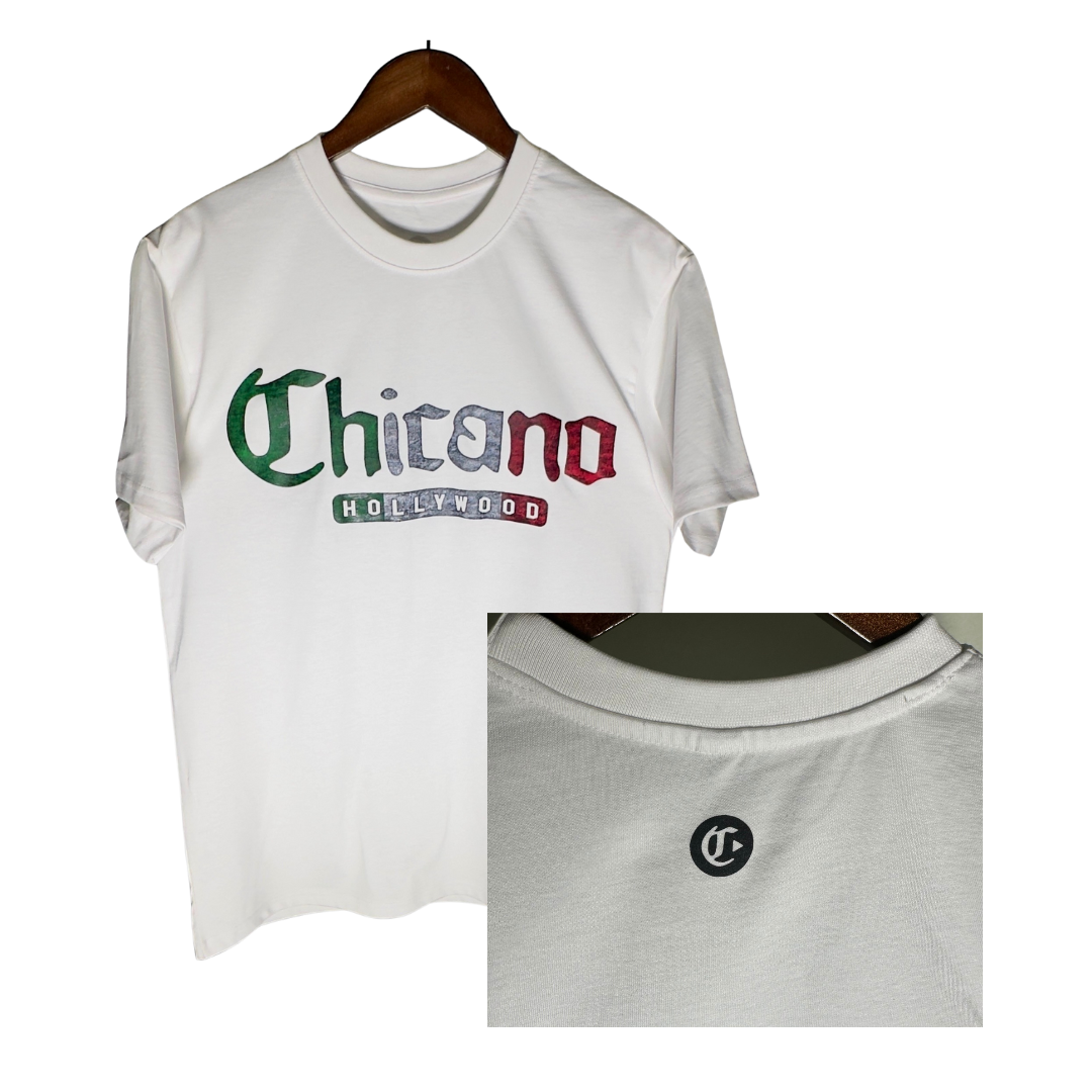 WHITE  - 100% Cotton High Density Tricolor Puff Chicano Hollywood T-Shirt