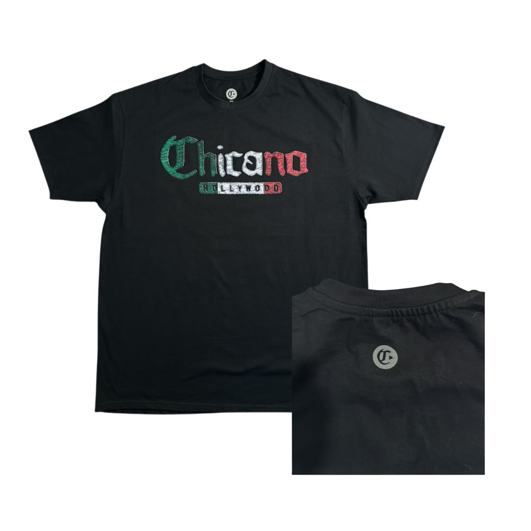 BLACK  - 100% Cotton  High Density Tricolor Puff Chicano Hollywood T-Shirt